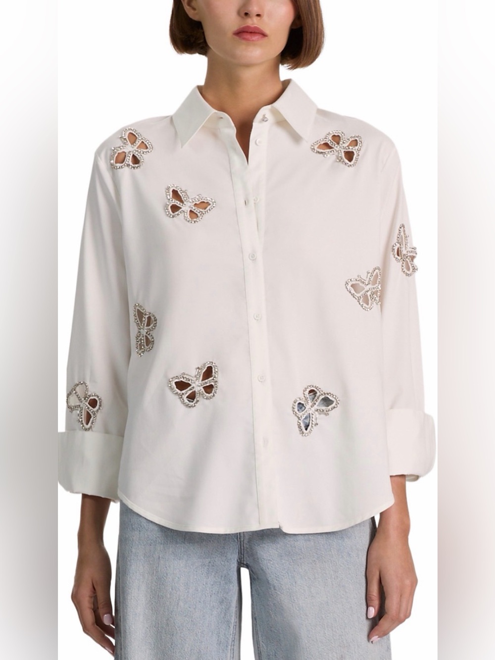 Alice + Olivia Finely Embellished Shirt in Off White.